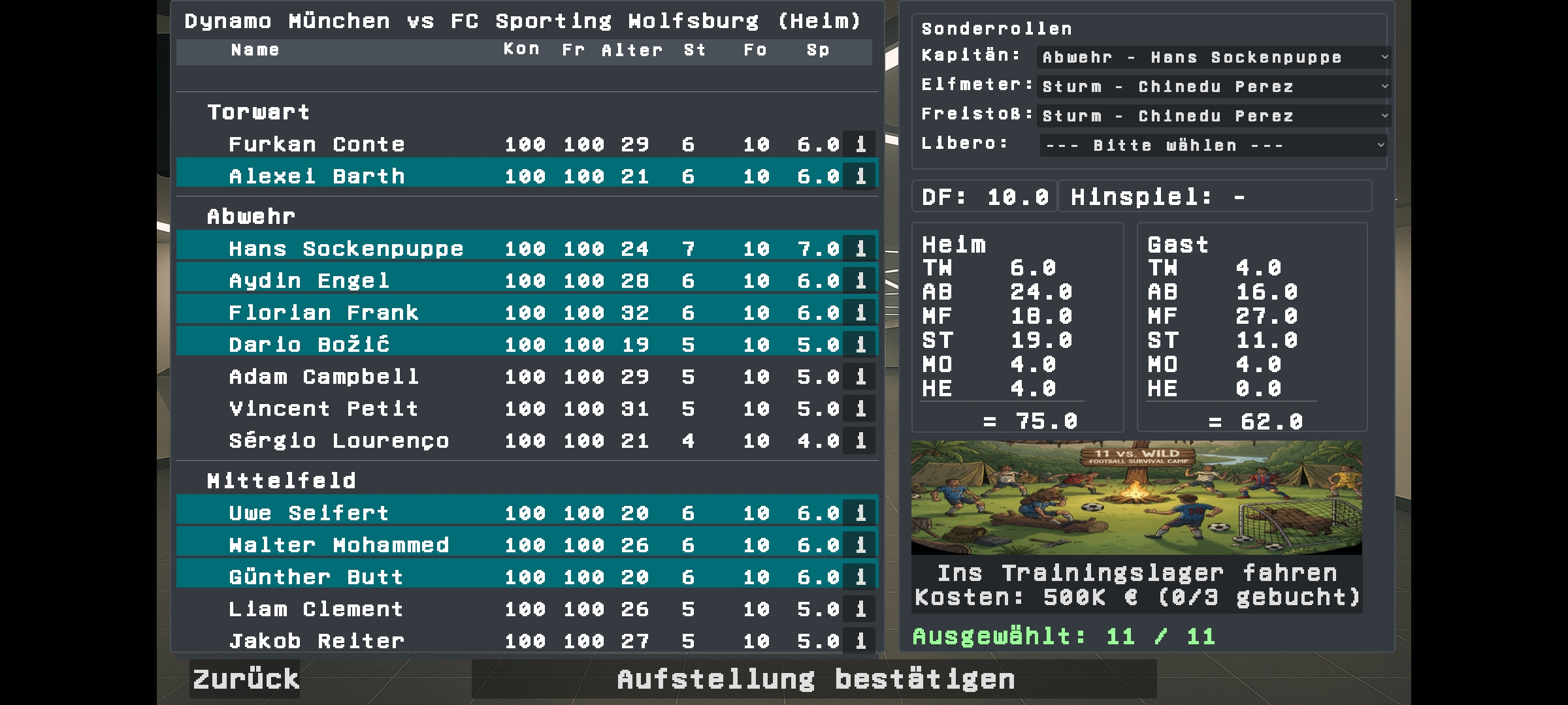 Team Lineup - Player selection with captain, free kick taker and tactical roles