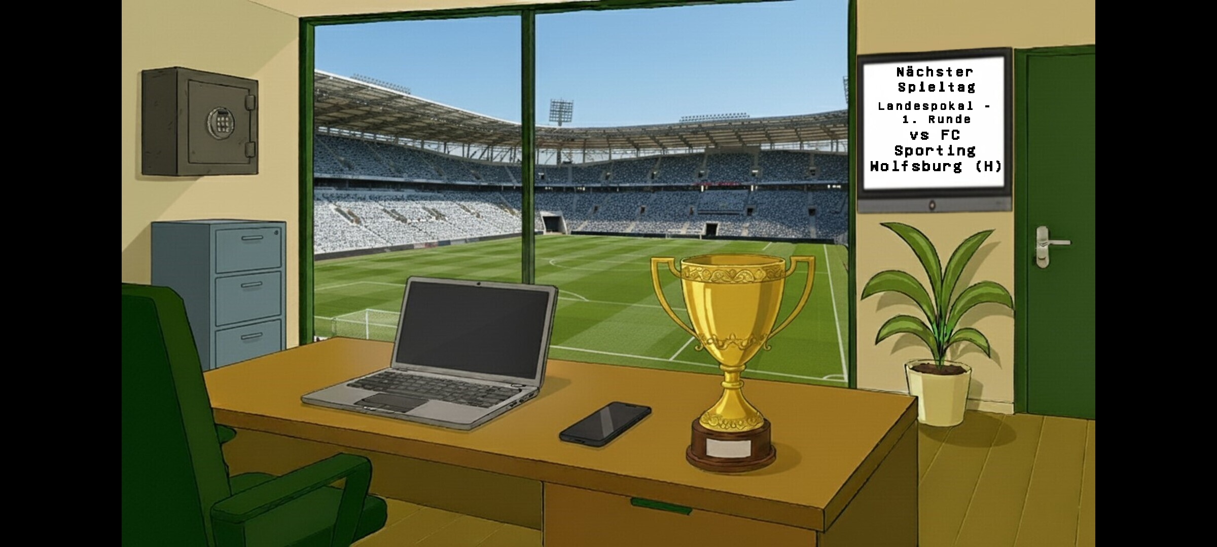 Manager Office - 3D rendered office with desk, laptop and stadium view