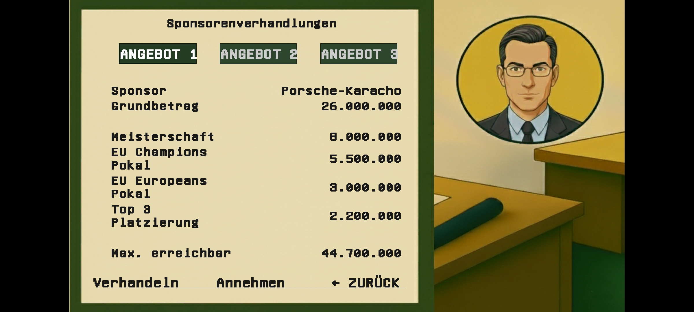 Sponsor Negotiations - Three sponsor offers with achievement bonuses